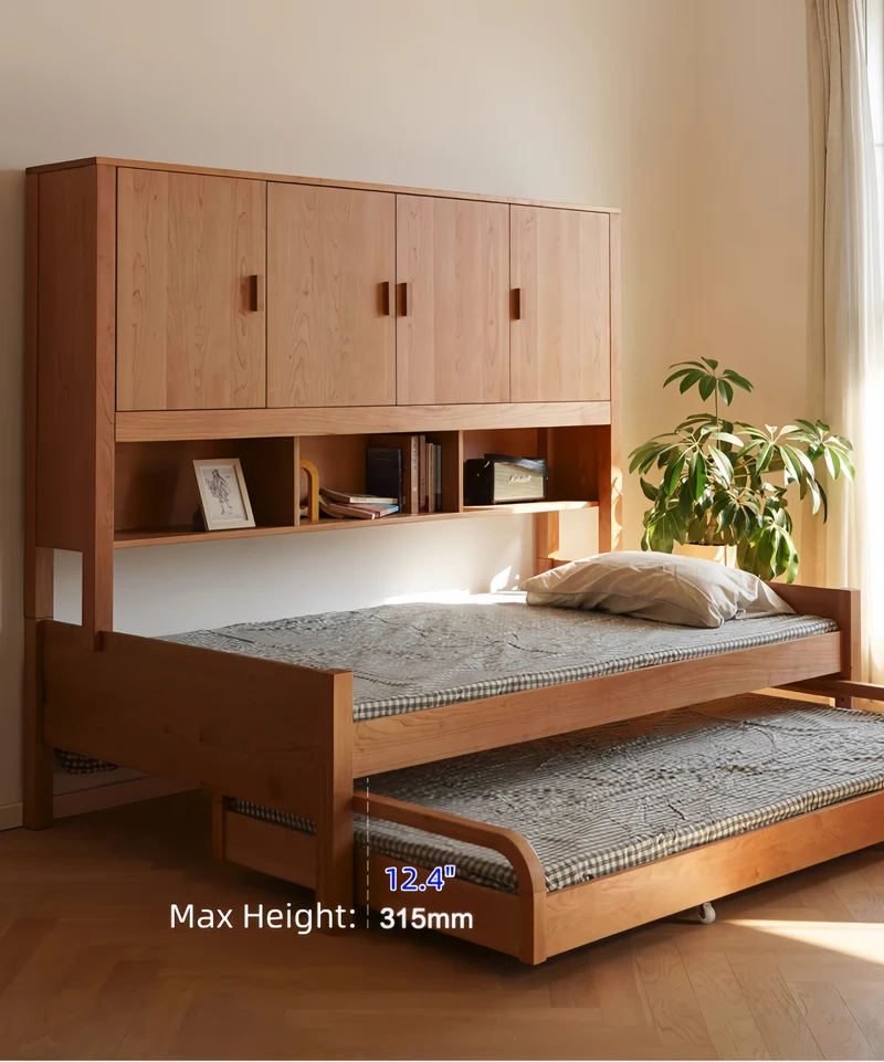 Lit multifonctionnel moderne de style Japandi en bois de cerisier massif avec rangement intégré et lit gigogne.