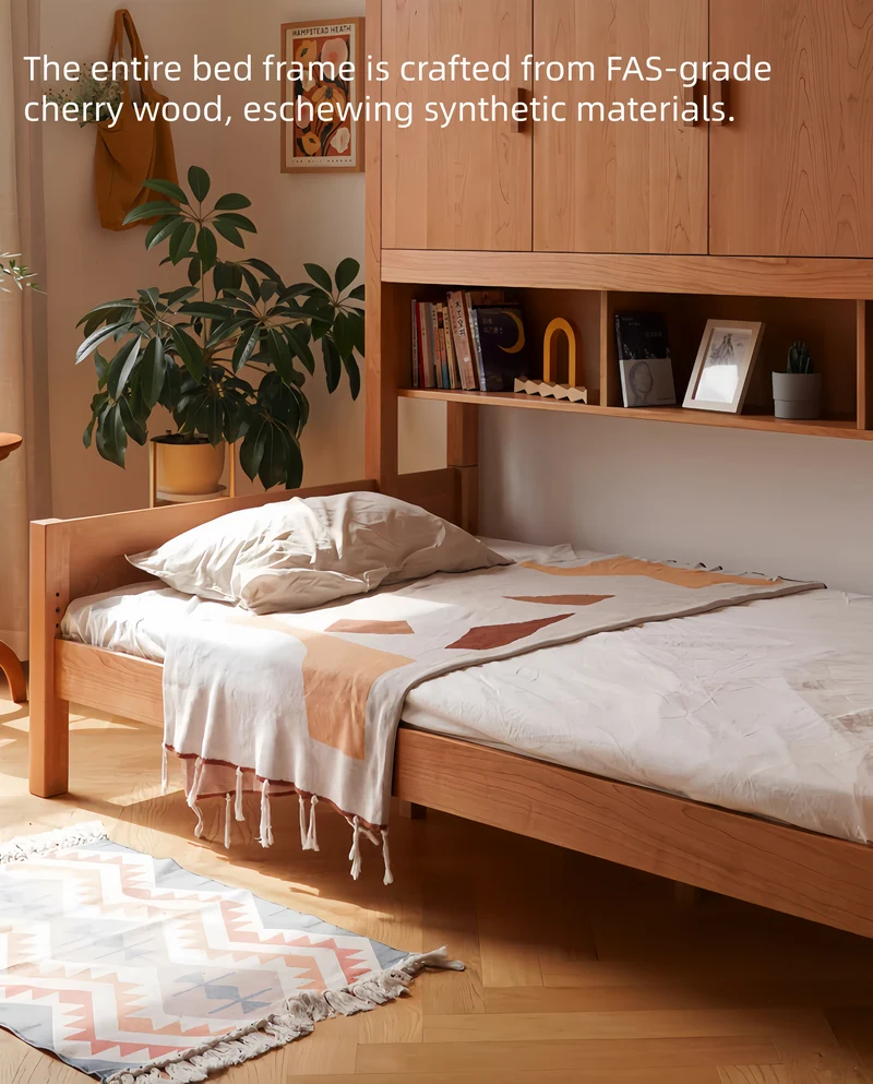 Lit multifonctionnel moderne de style Japandi en bois de cerisier massif avec rangement intégré et lit gigogne.