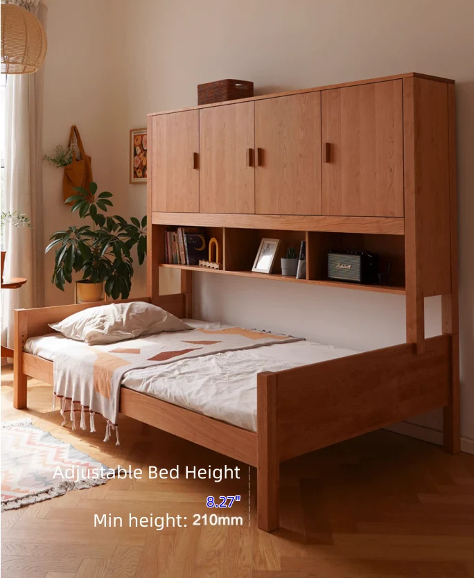 Lit multifonctionnel moderne de style Japandi en bois de cerisier massif avec rangement intégré et lit gigogne.