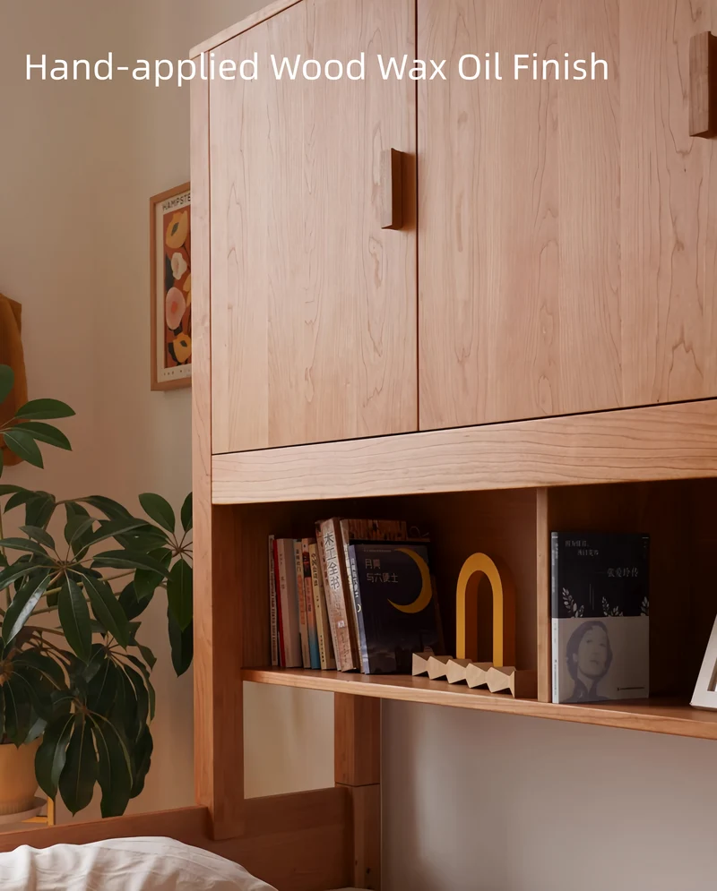 Lit multifonctionnel moderne de style Japandi en bois de cerisier massif avec rangement intégré et lit gigogne.