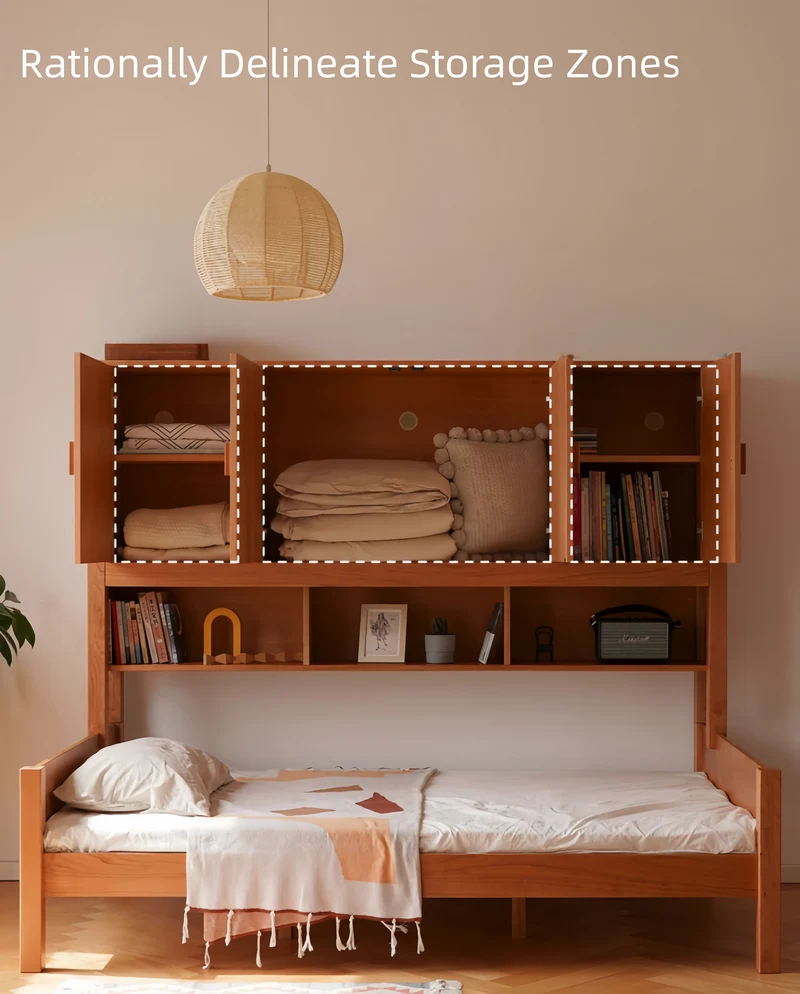 Lit multifonctionnel moderne de style Japandi en bois de cerisier massif avec rangement intégré et lit gigogne.