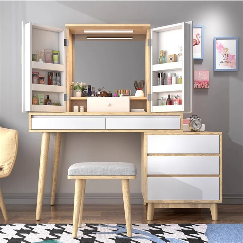 Grand ensemble de coiffeuse avec miroir, lumière et tabouret à coussins