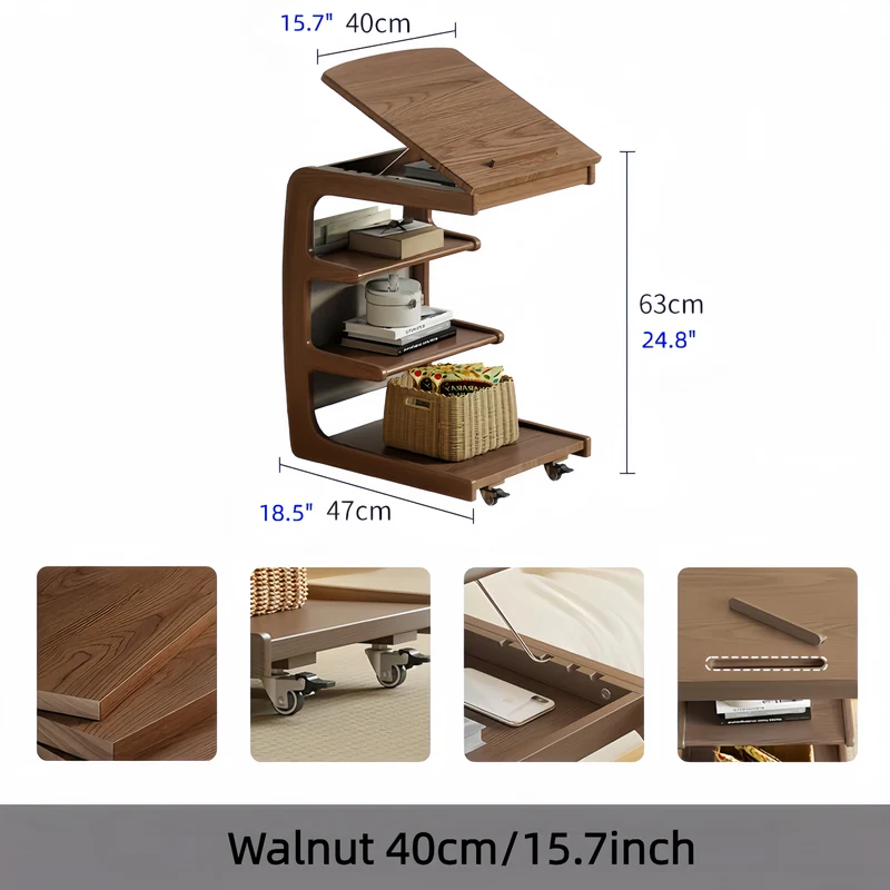 Table d'appoint roulante en bois massif avec étagère de rangement et plateau inclinable