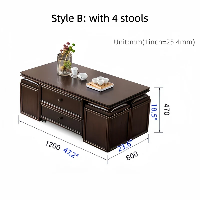 Table basse relevable 3 en 1 en bois massif style rétro nordique avec roulettes universelles