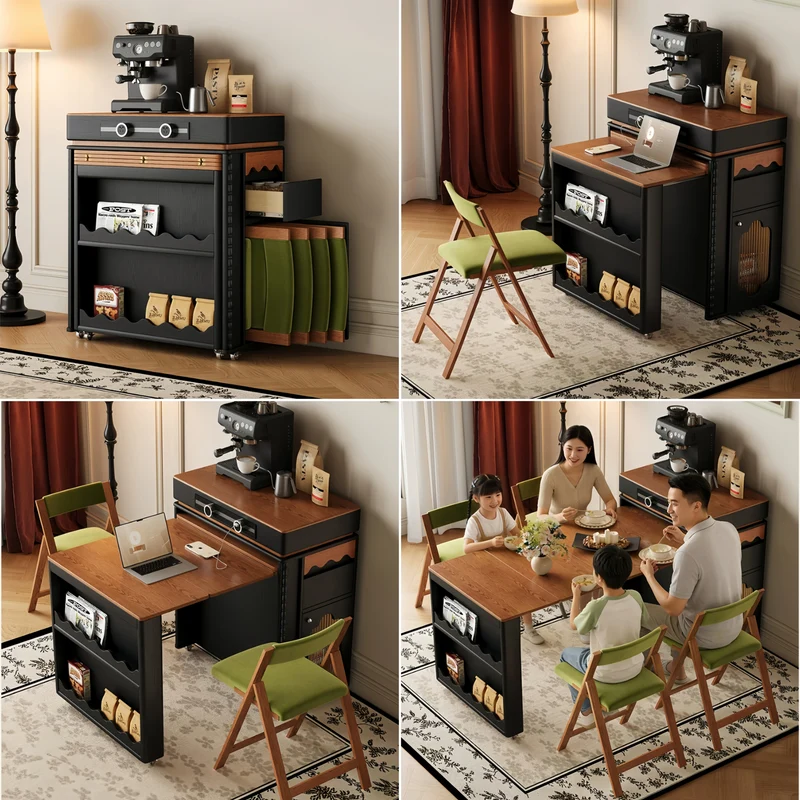 Table îlot de cuisine extensible de style nordique rétro avec 4 chaises