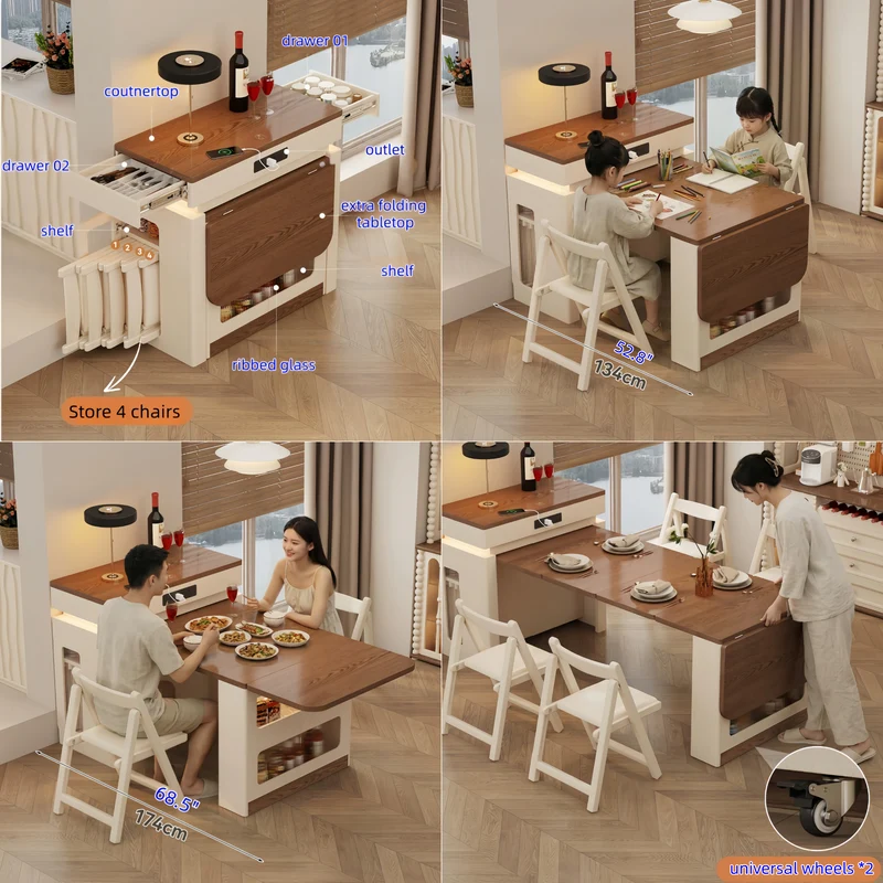 Îlot de cuisine extensible en bois massif avec ensemble de 4 chaises