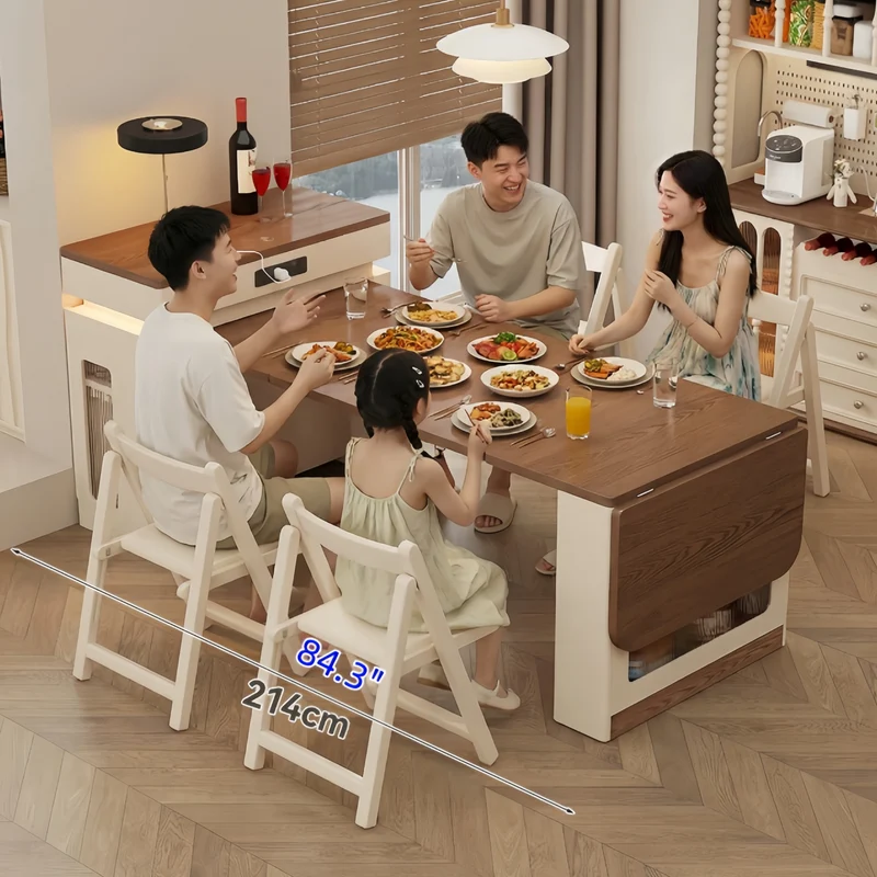 Îlot de cuisine extensible en bois massif avec ensemble de 4 chaises