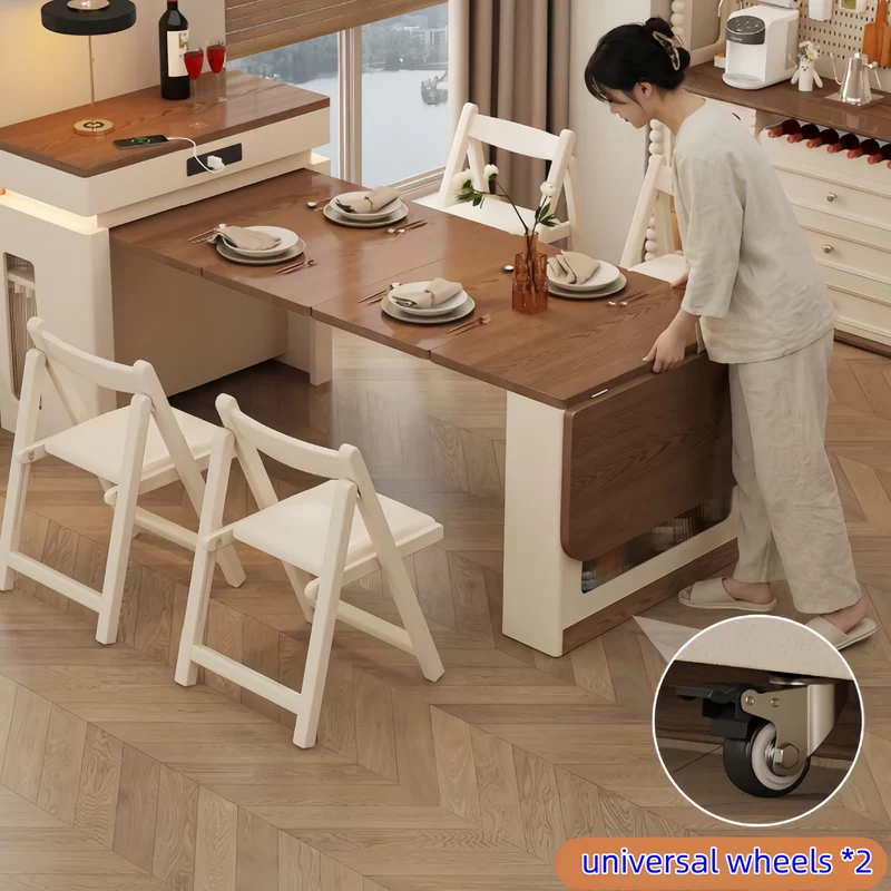 Îlot de cuisine extensible en bois massif avec ensemble de 4 chaises