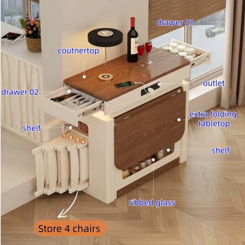 Îlot de cuisine extensible en bois massif avec ensemble de 4 chaises