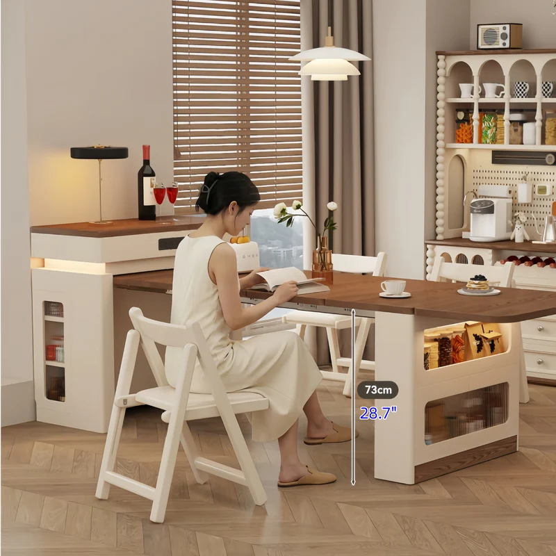 Îlot de cuisine extensible en bois massif avec ensemble de 4 chaises