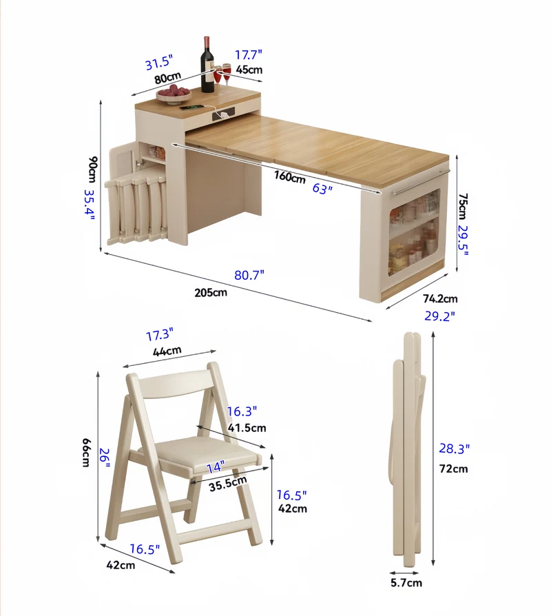 Îlot de cuisine extensible en bois massif avec ensemble de 4 chaises