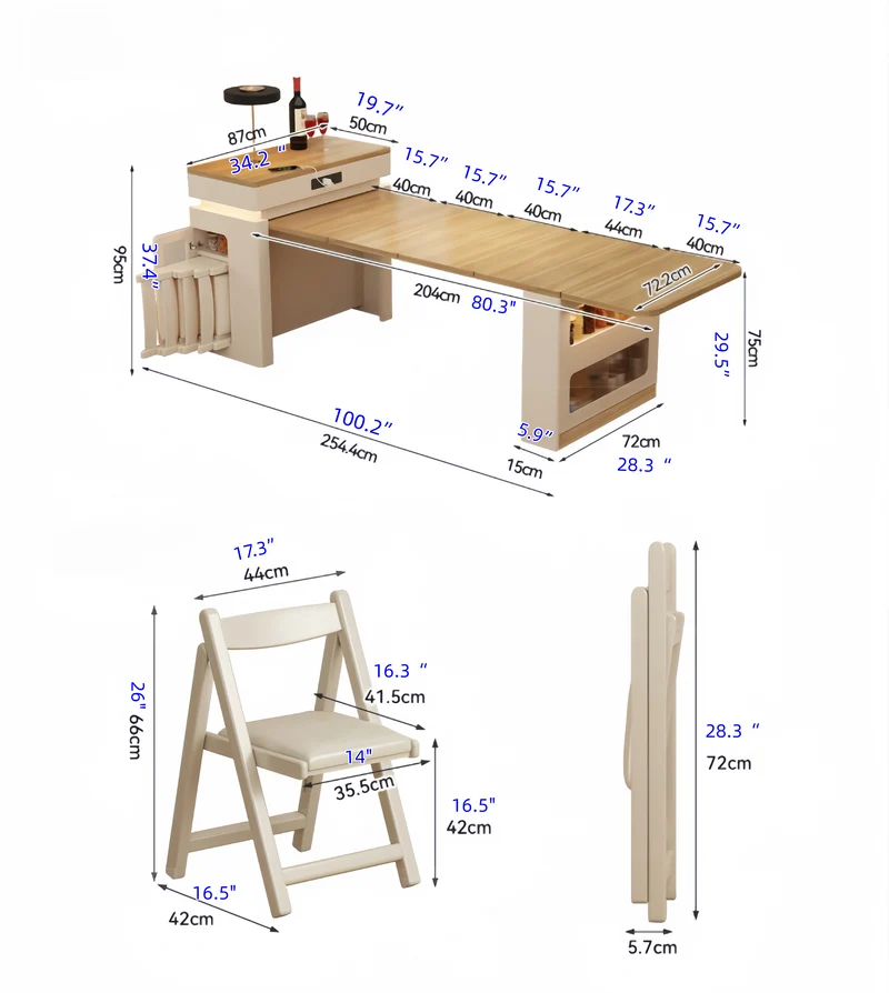 Îlot de cuisine extensible en bois massif avec ensemble de 4 chaises