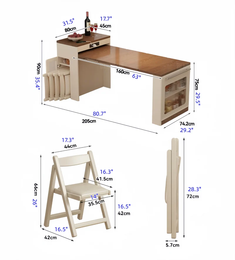 Îlot de cuisine extensible en bois massif avec ensemble de 4 chaises