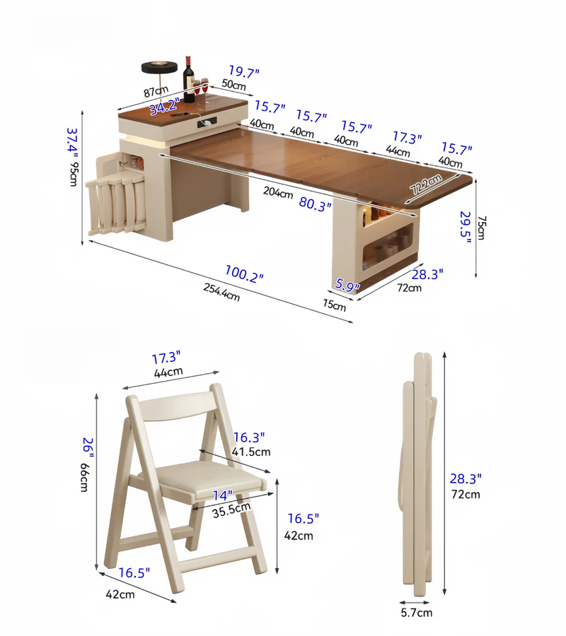 Îlot de cuisine extensible en bois massif avec ensemble de 4 chaises