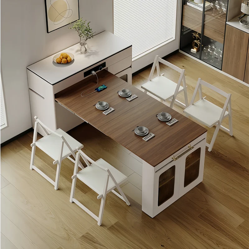 Îlot de cuisine extensible avec rangement et chaises