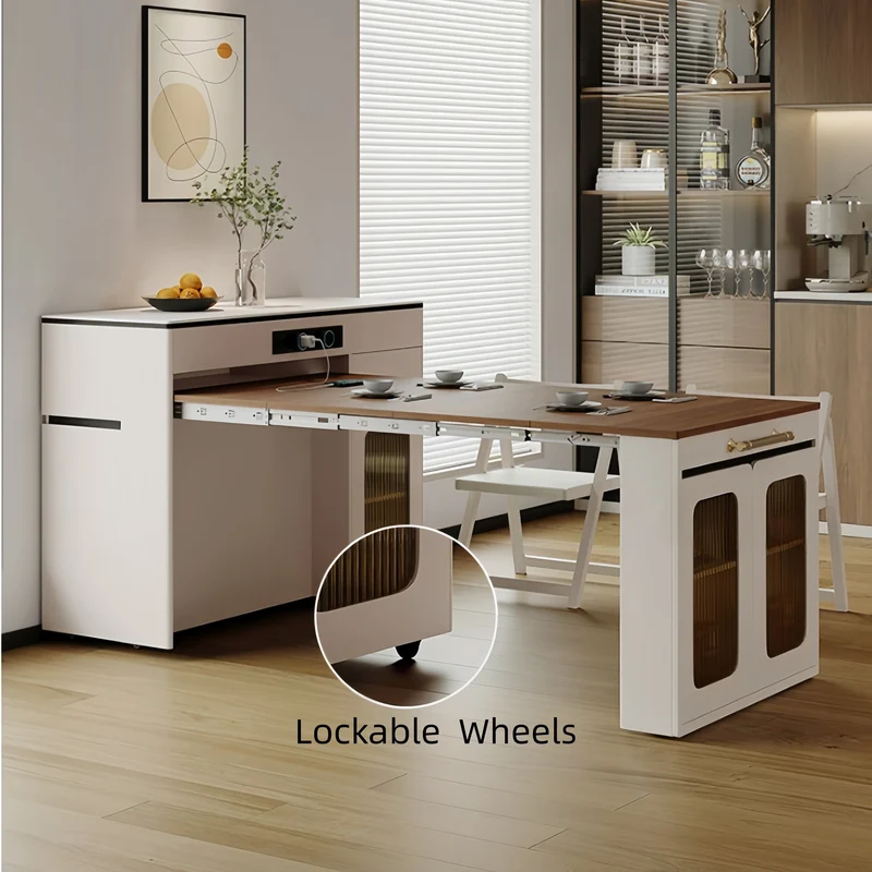 Îlot de cuisine extensible avec rangement et chaises