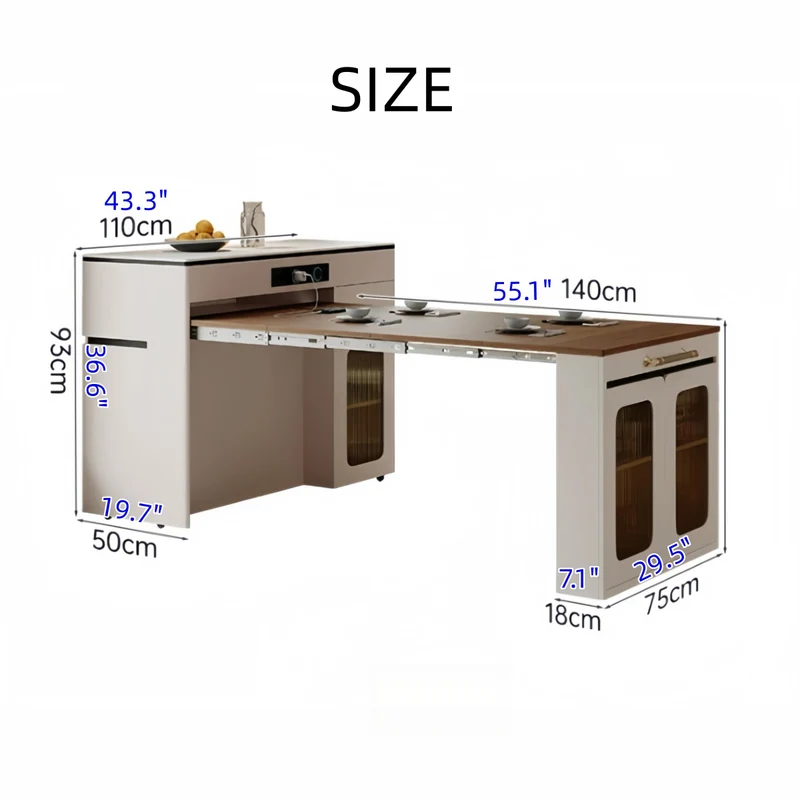 Îlot de cuisine extensible avec rangement et chaises