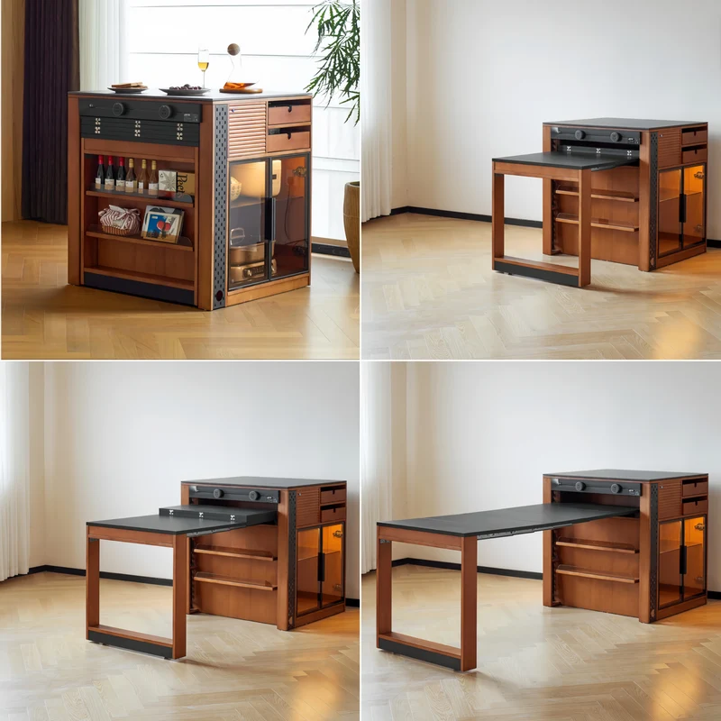 Îlot de cuisine en buis massif avec table à manger extensible