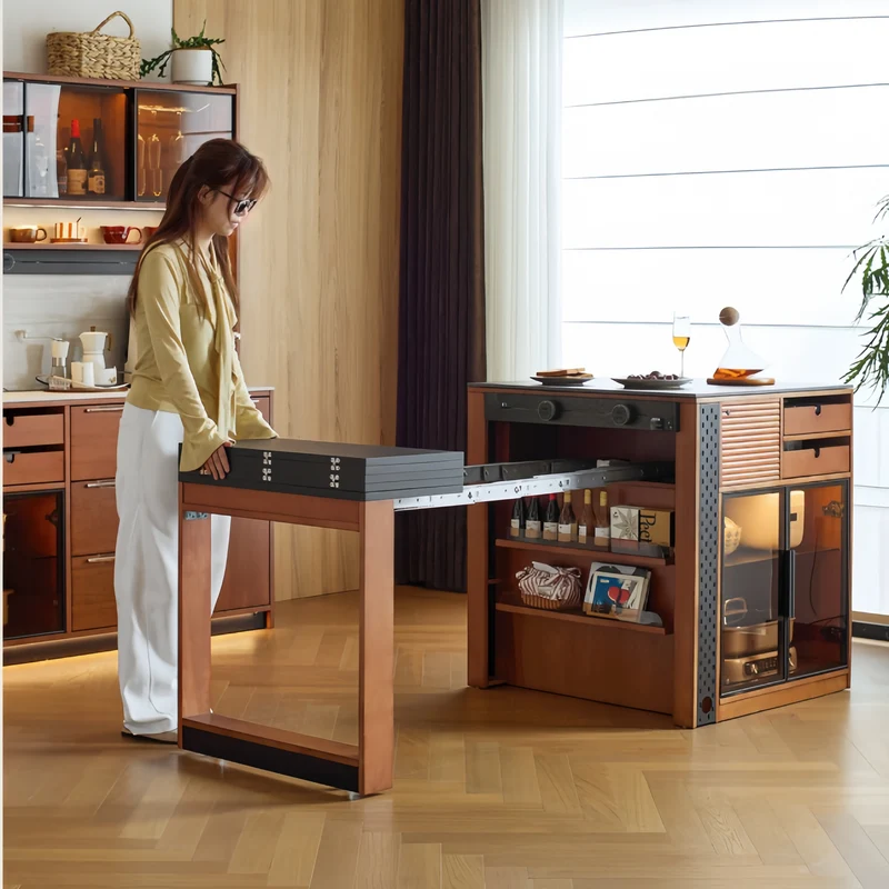 Îlot de cuisine en buis massif avec table à manger extensible