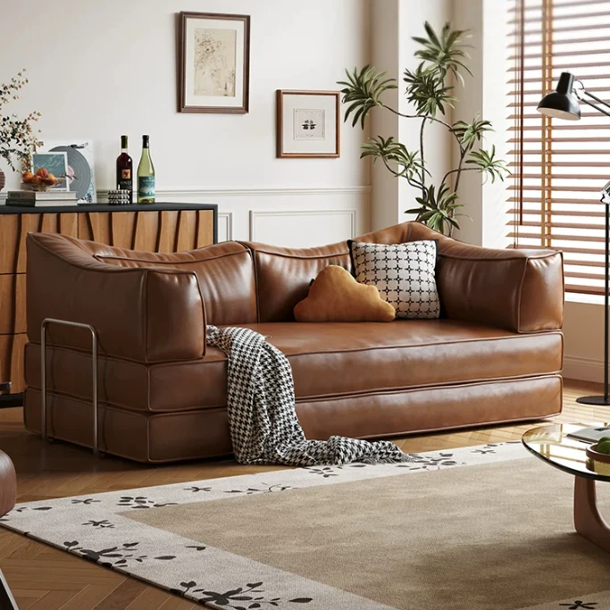 Canapé-lit modulaire sans ossature en cuir ciré à l'huile