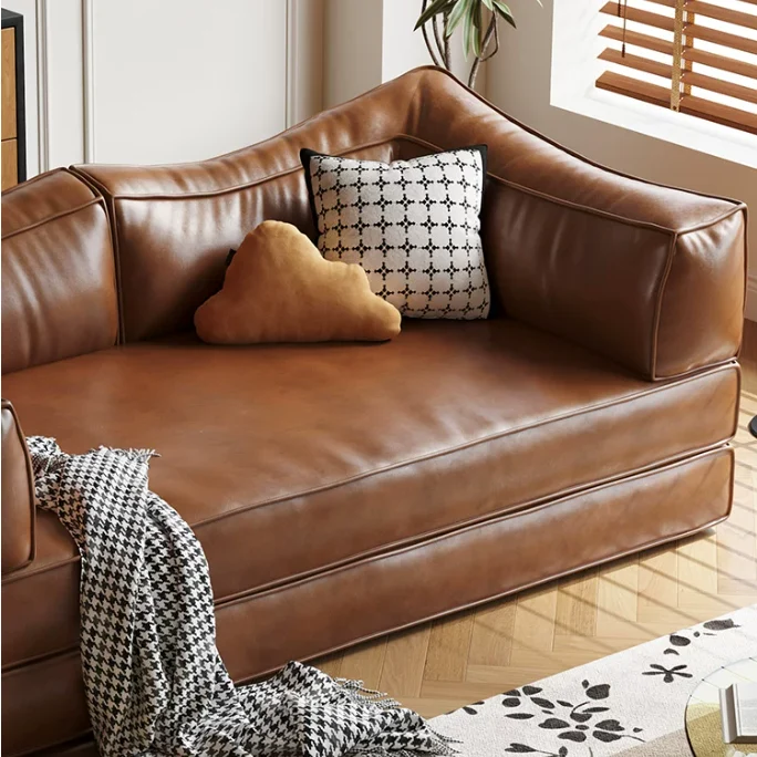 Canapé-lit modulaire sans ossature en cuir ciré à l'huile