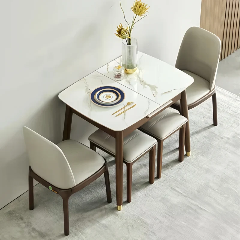 Table de salle à manger extensible en bois massif avec plateau en pierre frittée
