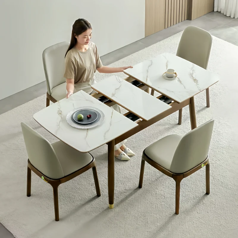 Table de salle à manger extensible en bois massif avec plateau en pierre frittée