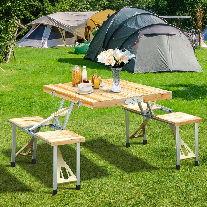 Table de pique-nique de camping pliable portable avec sièges, chaises et parasol trou-bois