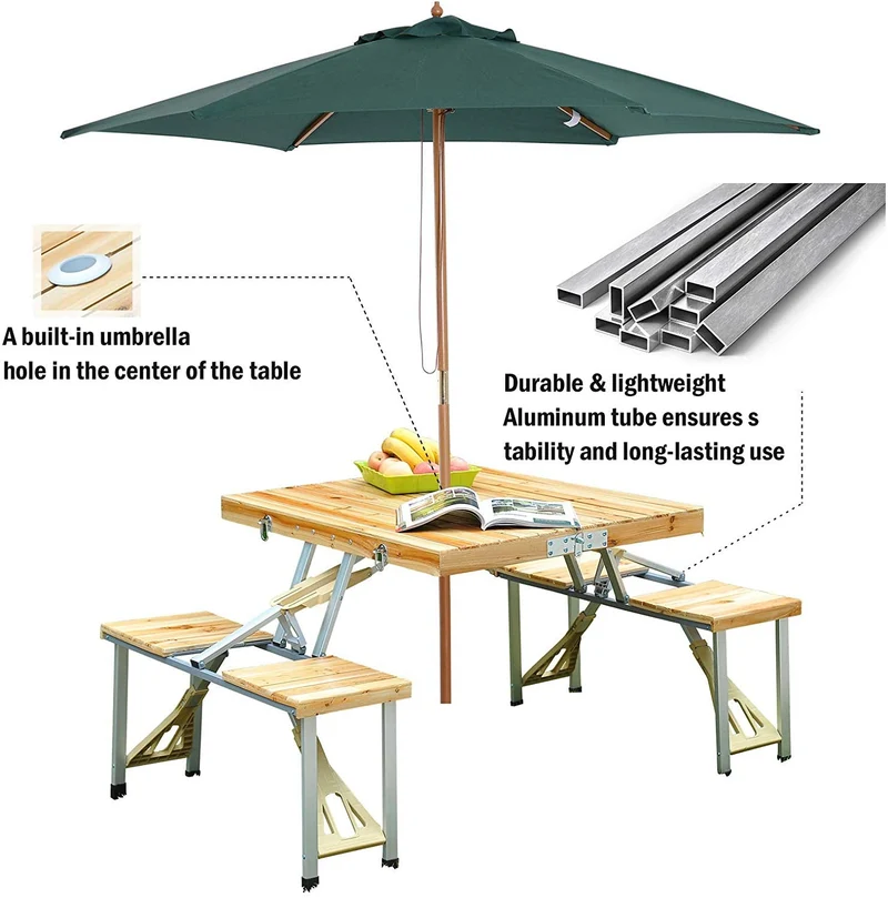 Table de pique-nique de camping pliable portable avec sièges, chaises et parasol trou-bois