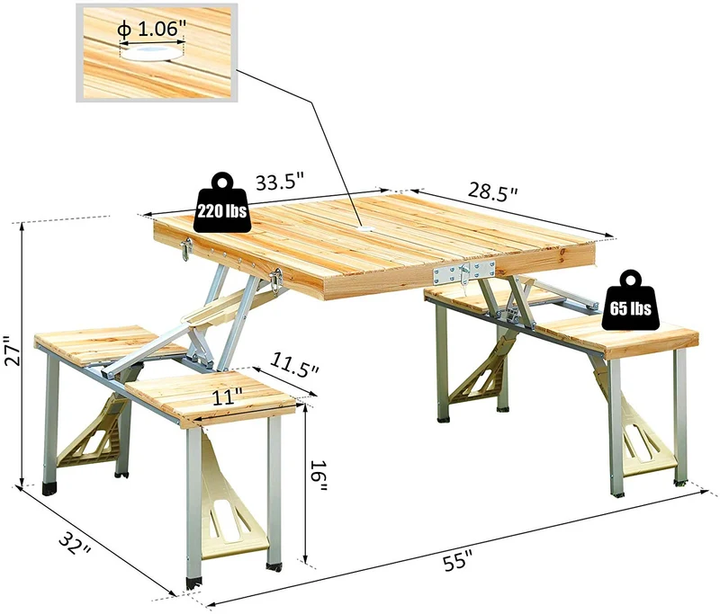 Table de pique-nique de camping pliable portable avec sièges, chaises et parasol trou-bois