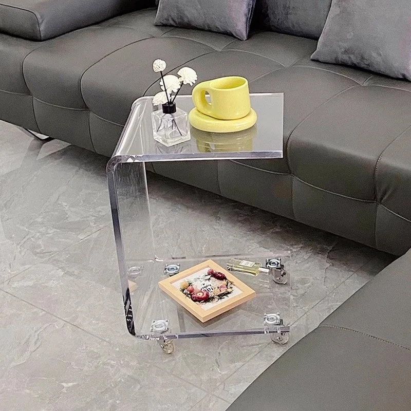 Table d'appoint en acrylique en forme de C avec roues