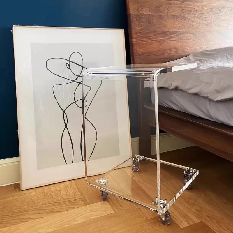 Table d'appoint en acrylique en forme de C avec roues