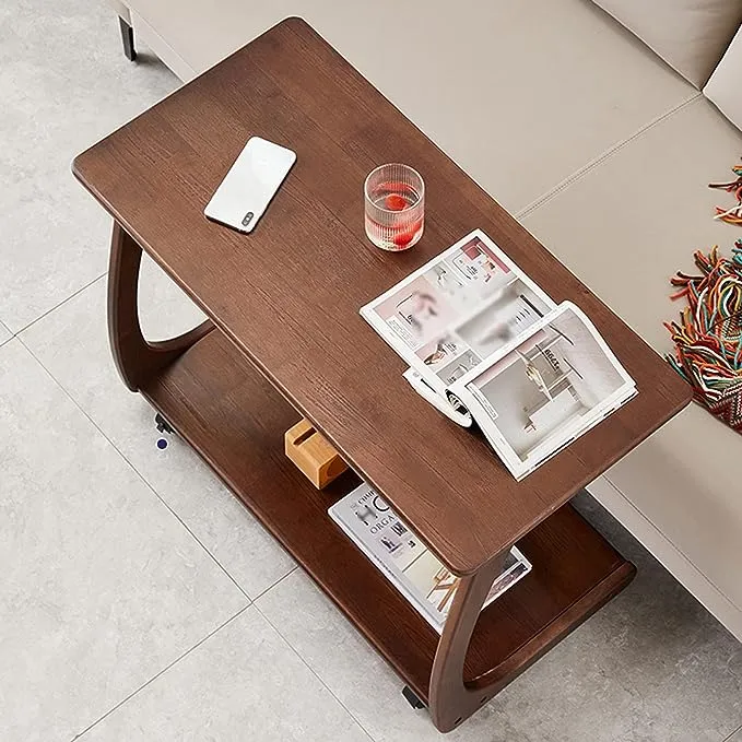 Table d'appoint en bois massif en forme de C avec roulettes
