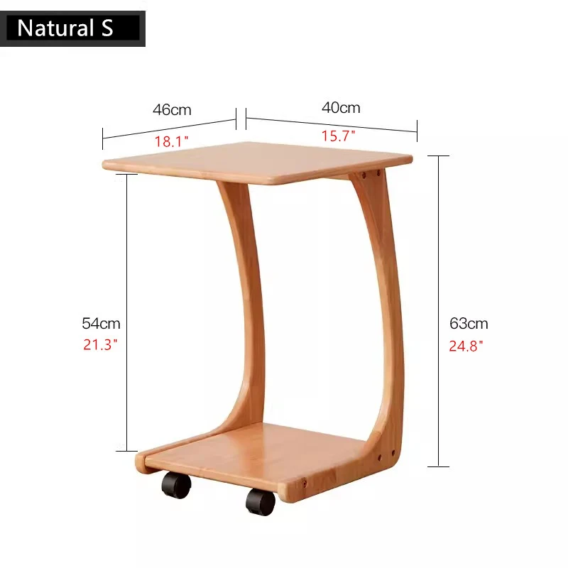Table d'appoint en bois massif en forme de C avec roulettes