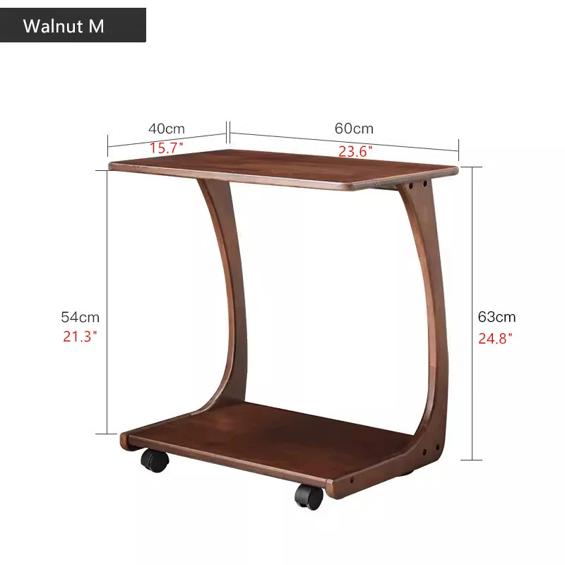 Table d'appoint en bois massif en forme de C avec roulettes