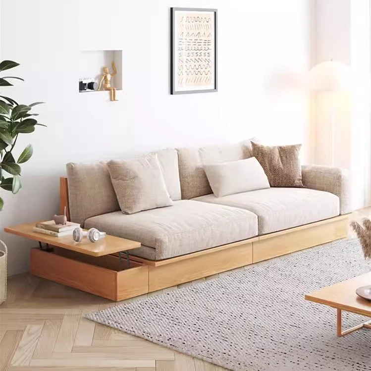 Canapé-lit Japandi en bois massif avec boîte de rangement à accoudoir relevable