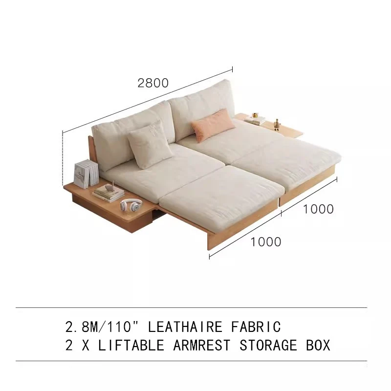 Canapé-lit Japandi en bois massif avec boîte de rangement à accoudoir relevable