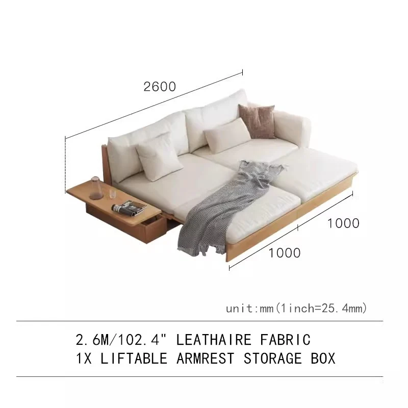 Canapé-lit Japandi en bois massif avec boîte de rangement à accoudoir relevable