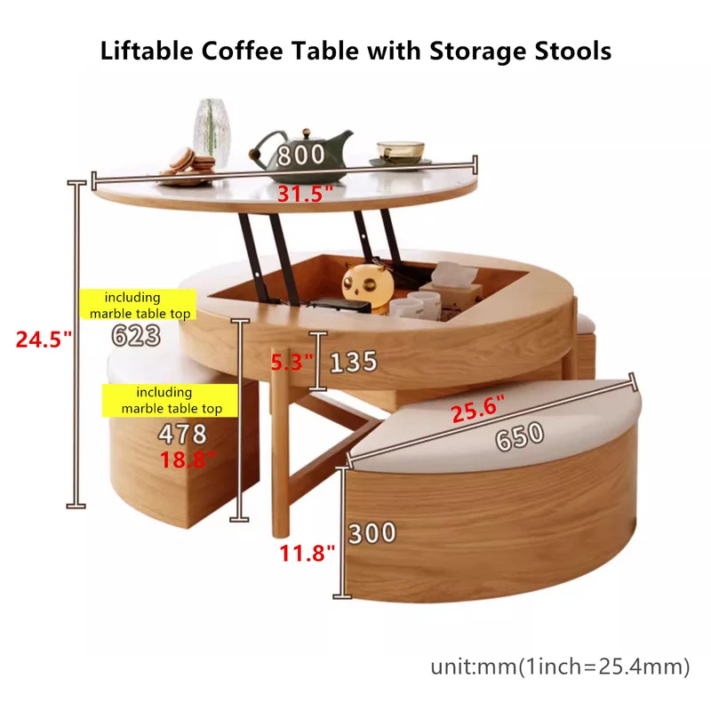 Table basse ronde à plateau relevable avec rangement et repose-pieds