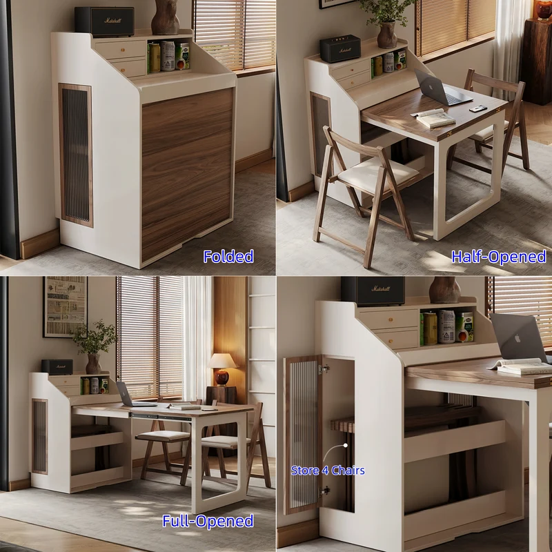 Table de salle à manger gain de place avec rangement dissimulé pour les chaises et tiroirs intégrés