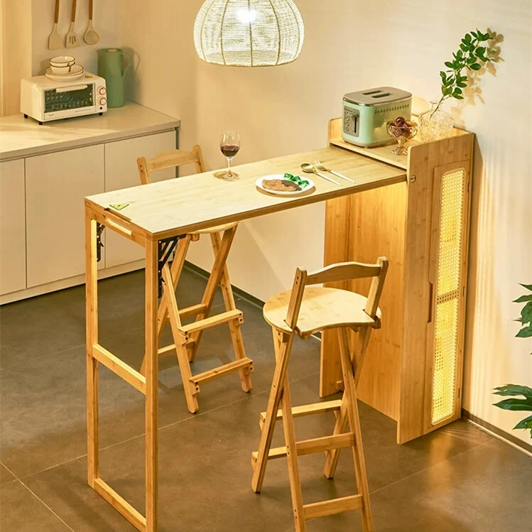 Table de bar pliante en bambou avec support de rangement
