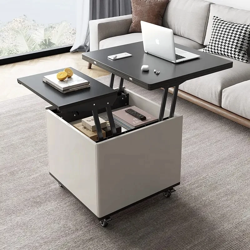 Table Basse Multifonction Moderne Levable et Extensible avec Tiroirs de Rangement et Roues Universelles