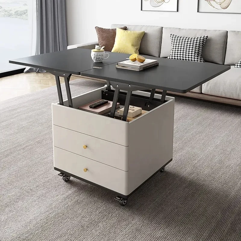 Table Basse Multifonction Moderne Levable et Extensible avec Tiroirs de Rangement et Roues Universelles