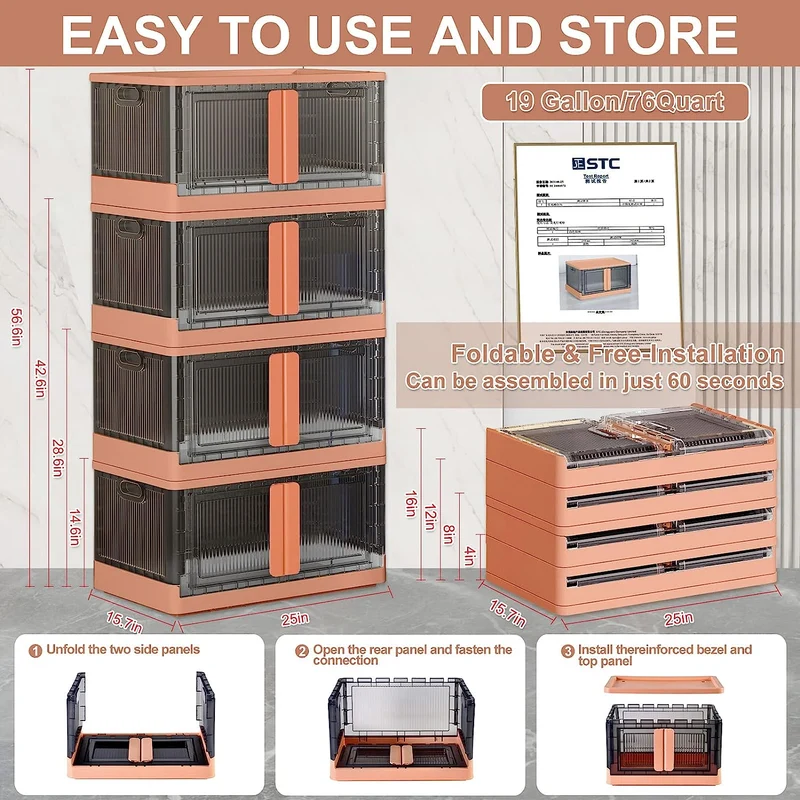 Bacs de rangement empilables et pliables avec couvercles et portes