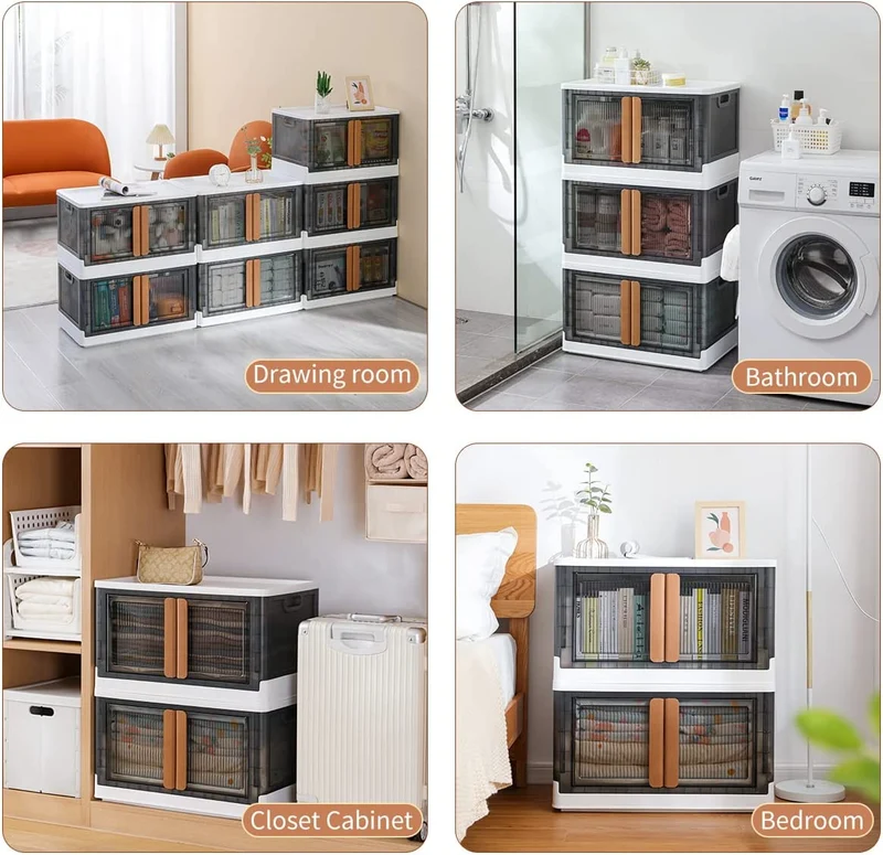 Bacs de rangement empilables et pliables avec couvercles et portes