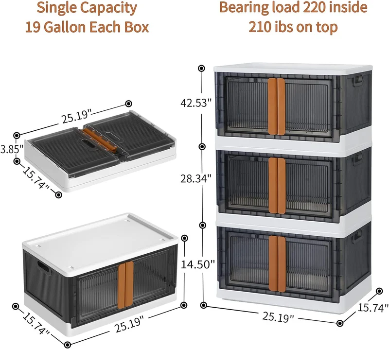 Bacs de rangement empilables et pliables avec couvercles et portes