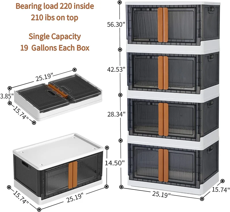 Bacs de rangement empilables et pliables avec couvercles et portes