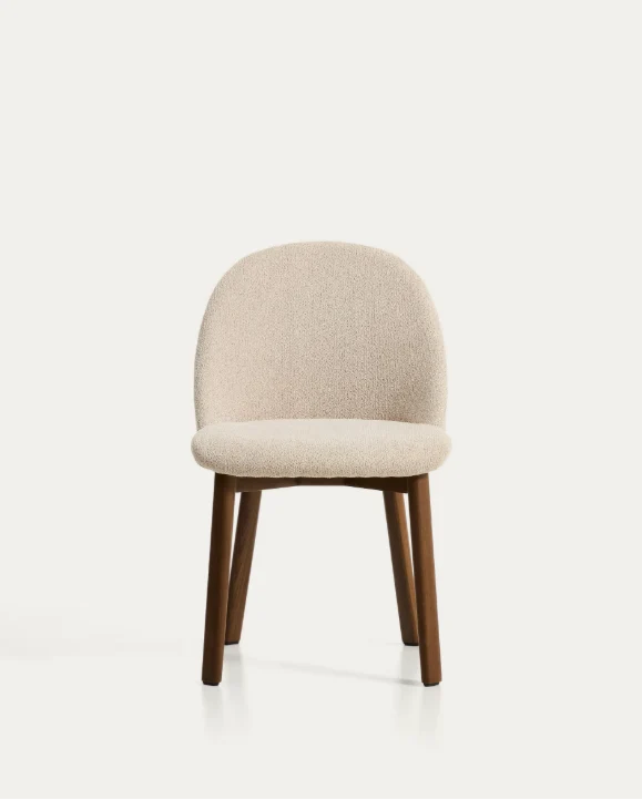 Meila chair in beige chenille with legs in walnut finish