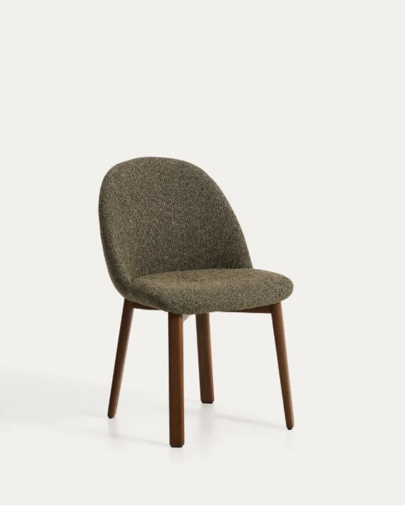 Meila chair in green chenille with legs in walnut finish
