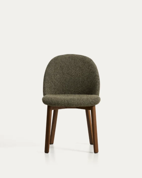 Meila chair in green chenille with legs in walnut finish